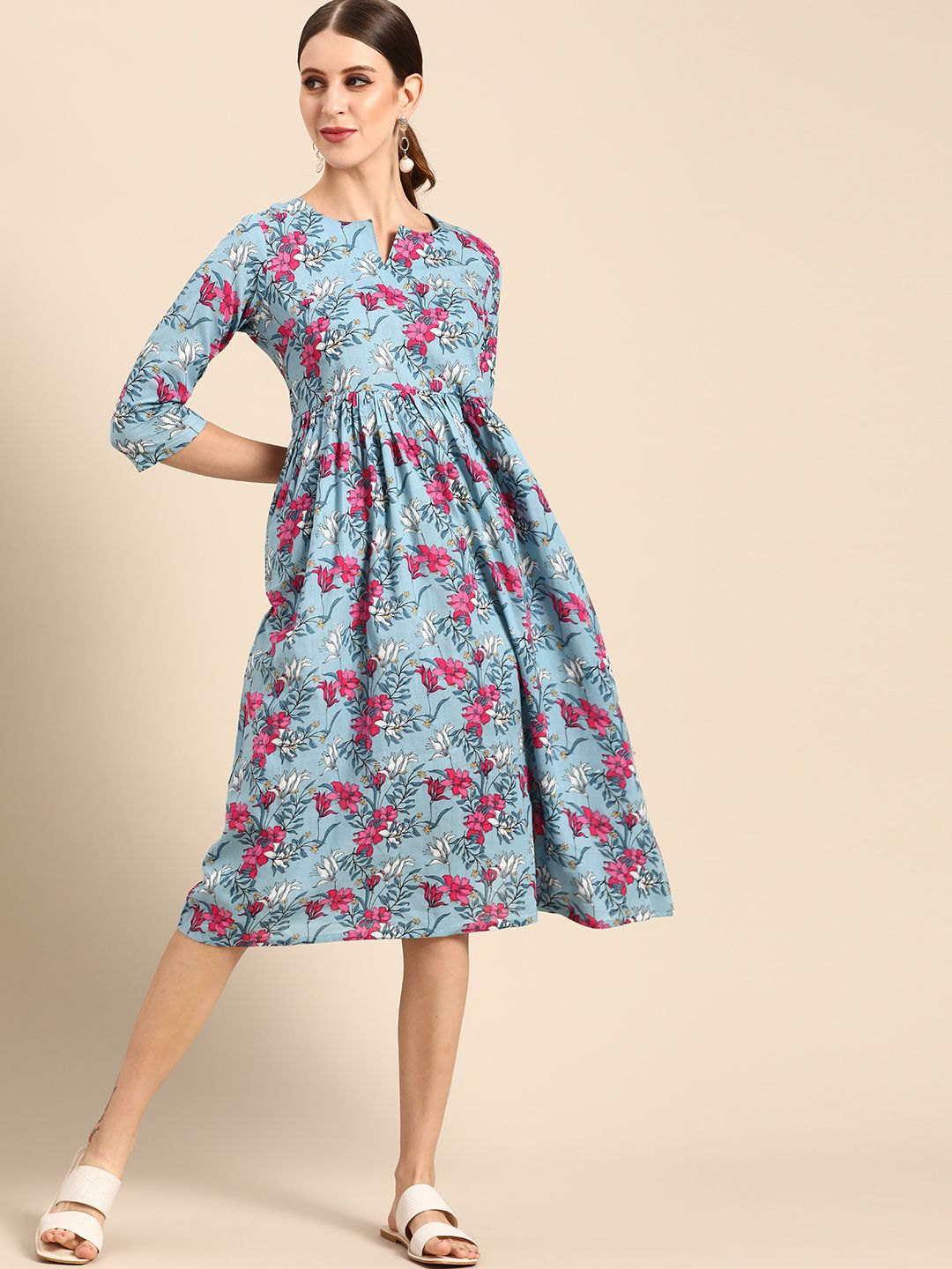 Anouk Women Blue & Pink Floral Print Pure Cotton Ethnic A-Line Midi Dress Price in India