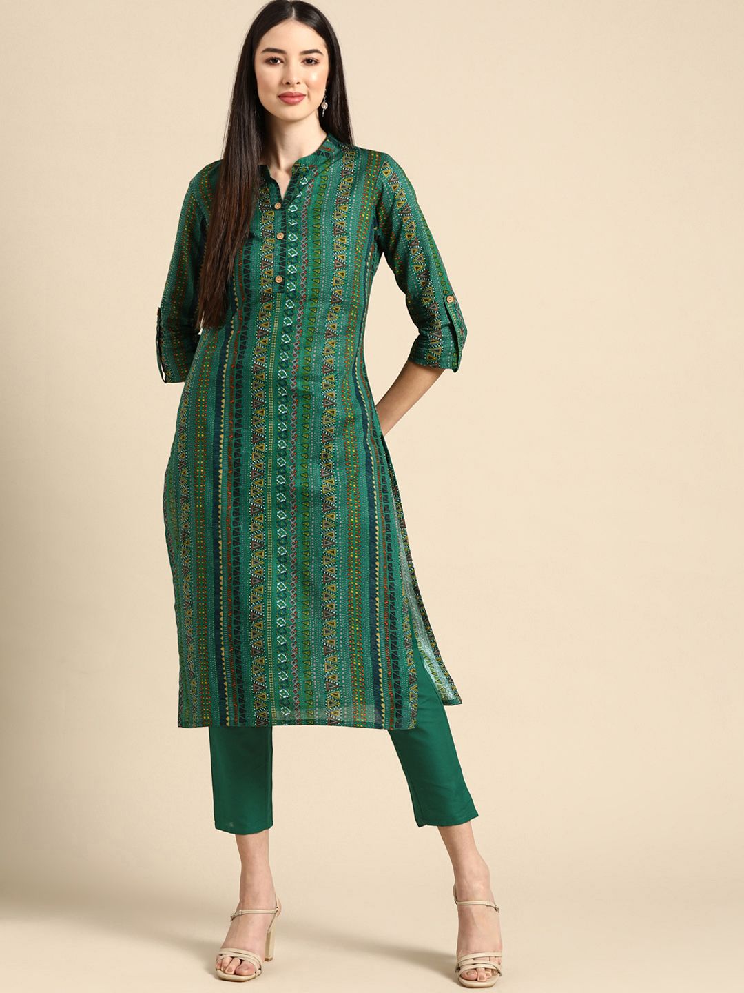 Anouk Women Green Ethnic Motifs Printed Pure Cotton Kurta with Trousers Price in India