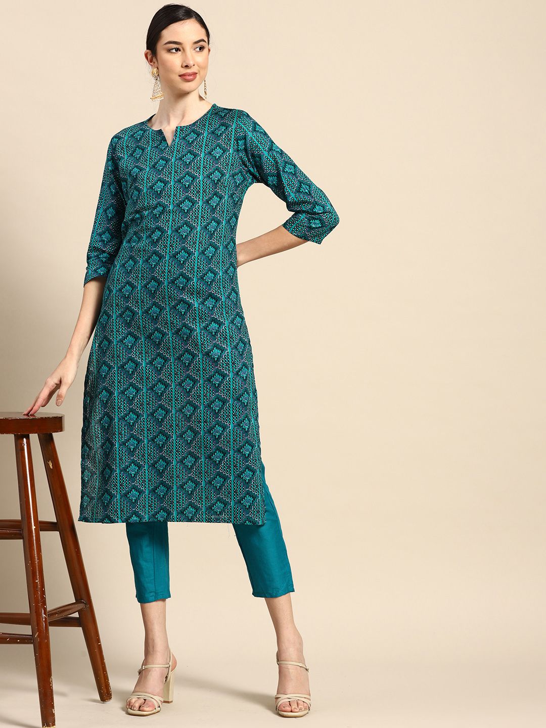 Anouk Women Green & Black Ethnic Motifs Printed Pure Cotton Kurta with Trousers Price in India