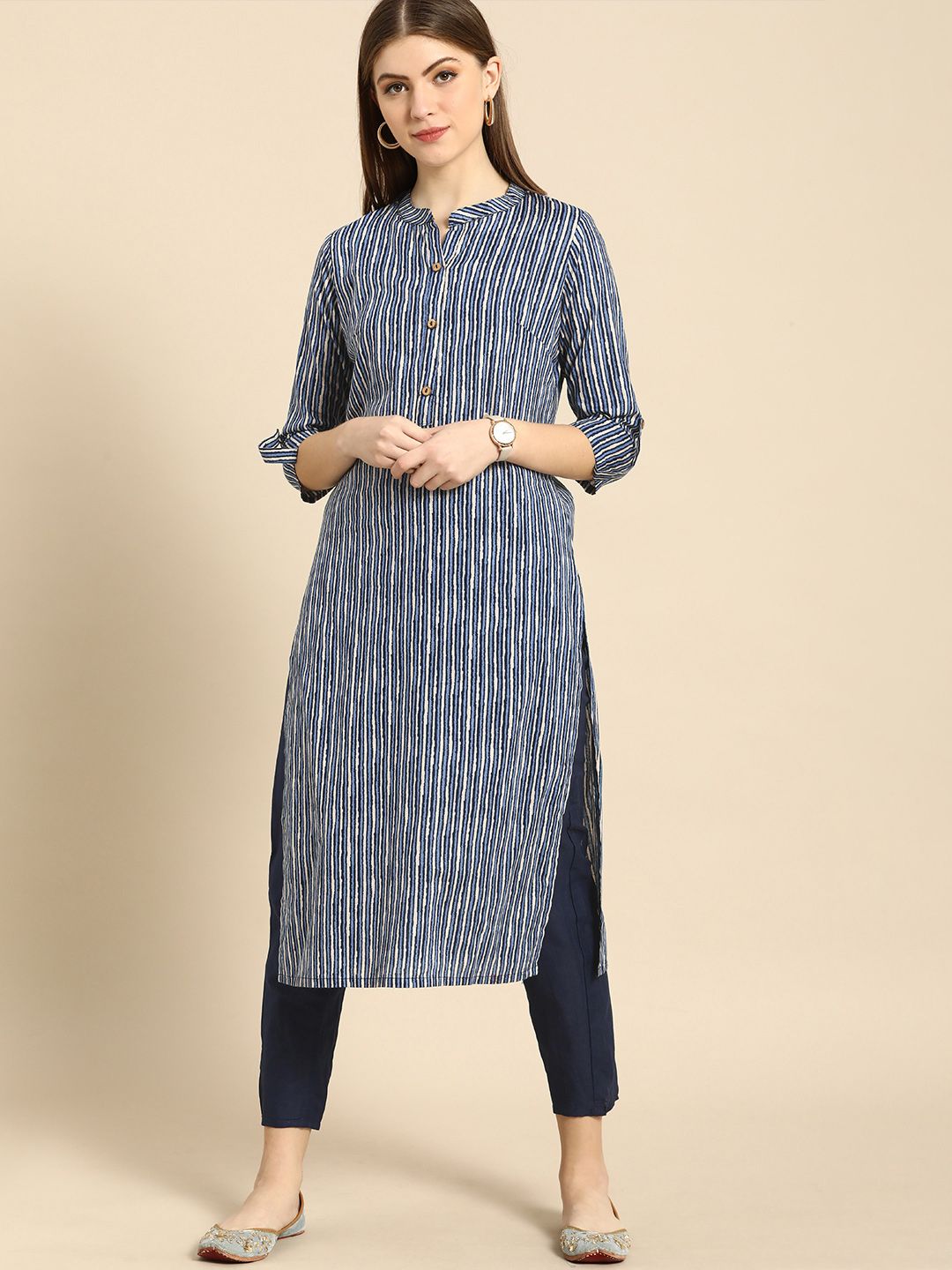 Anouk Women Navy Blue & White Striped Pure Cotton Kurta with Trousers Price in India