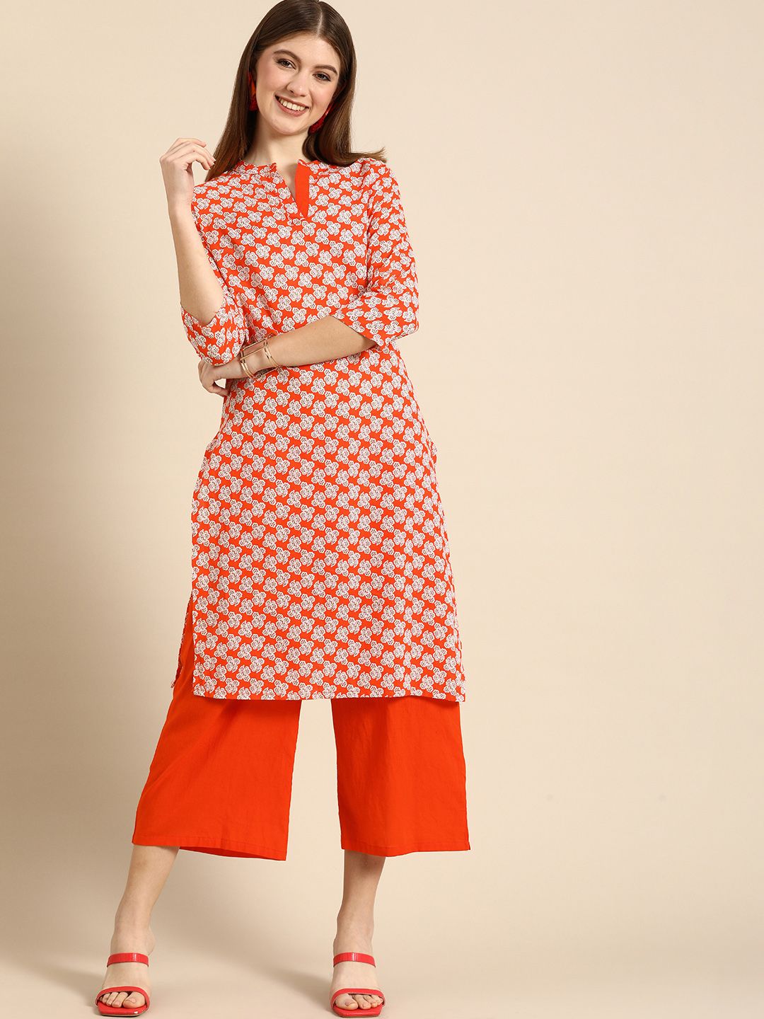 Anouk Women Red Ethnic Motifs Printed Regular Pure Cotton Kurta with Culottes Price in India