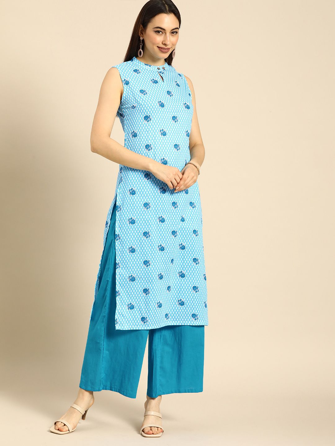 Anouk Women Blue Floral Printed Regular Pure Cotton Kurta with Palazzos Price in India