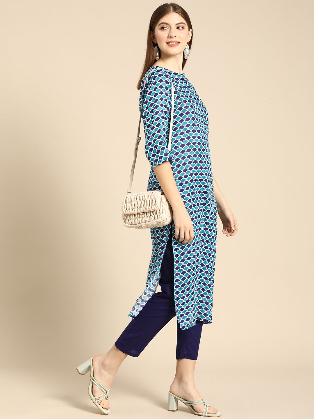 Anouk Women Turquoise Blue & Navy Blue Printed Regular Pure Cotton Kurta with Trousers Price in India