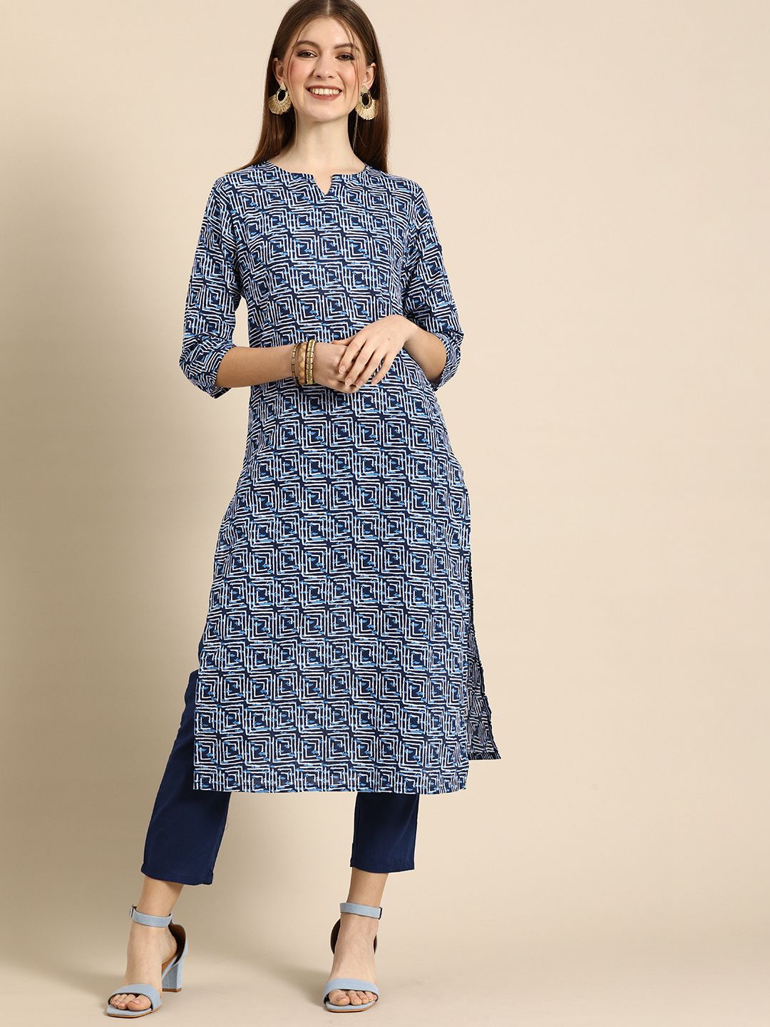 Anouk Women Blue Printed Regular Pure Cotton Kurta with Trousers Price in India