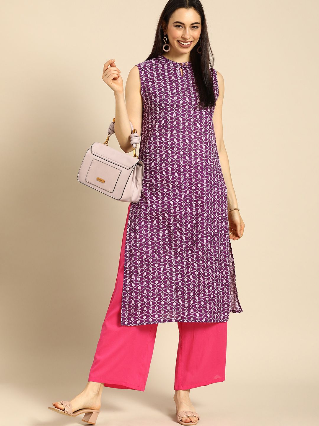 Anouk Women Purple Floral Printed Regular Pure Cotton Kurta with Palazzos Price in India