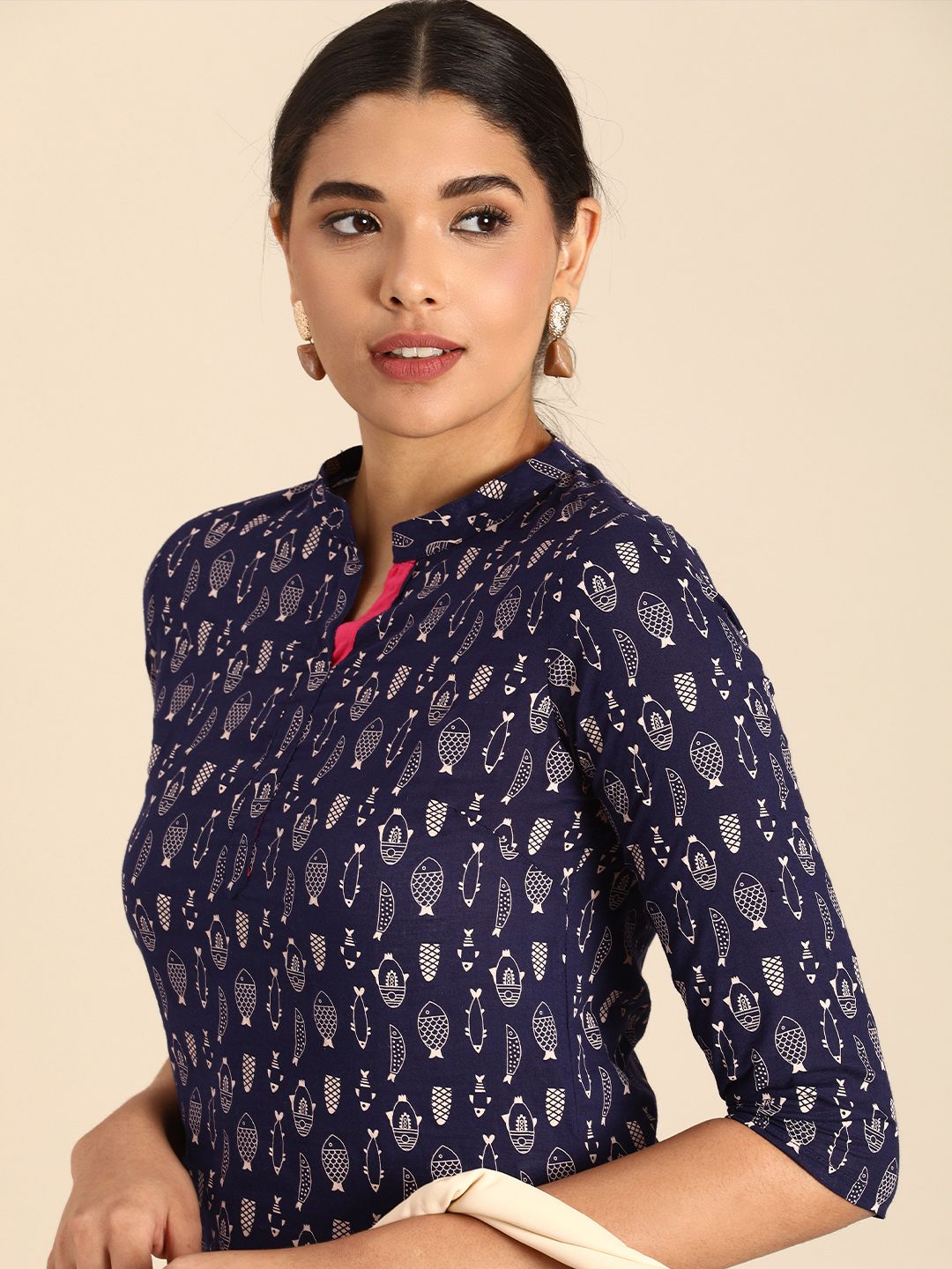 Anouk Women Navy Blue Quirky Printed Pure Cotton Straight Kurta Price in India