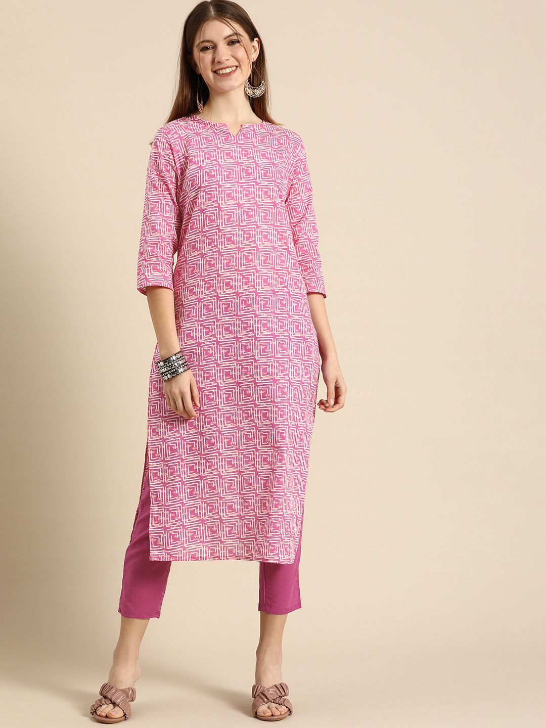 Anouk Women Pink Printed Regular Pure Cotton Kurta with Trousers Price in India