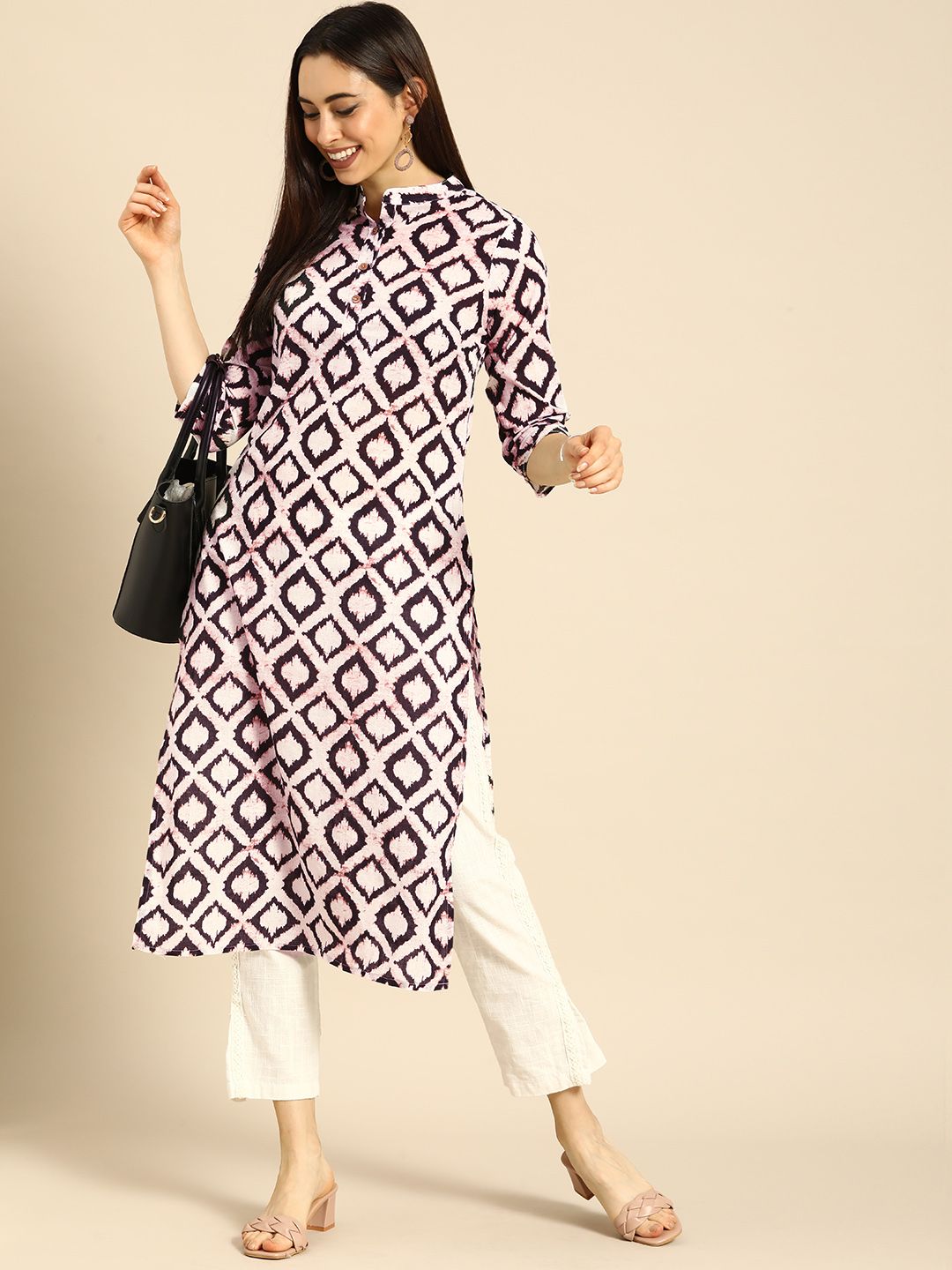 Anouk Women Burgundy & White Printed Kurta Price in India