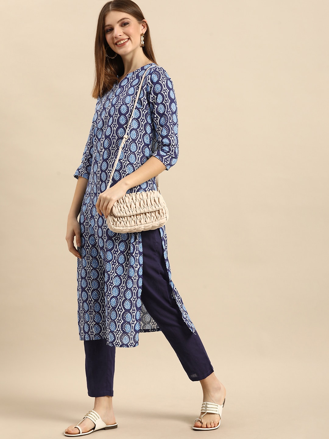 Anouk Women Navy Blue Ethnic Motifs Printed Pure Cotton Kurta with Trousers Price in India