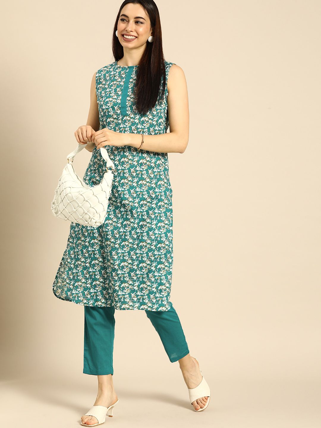 Anouk Women Green Printed Pure Cotton Kurta with Trousers Price in India