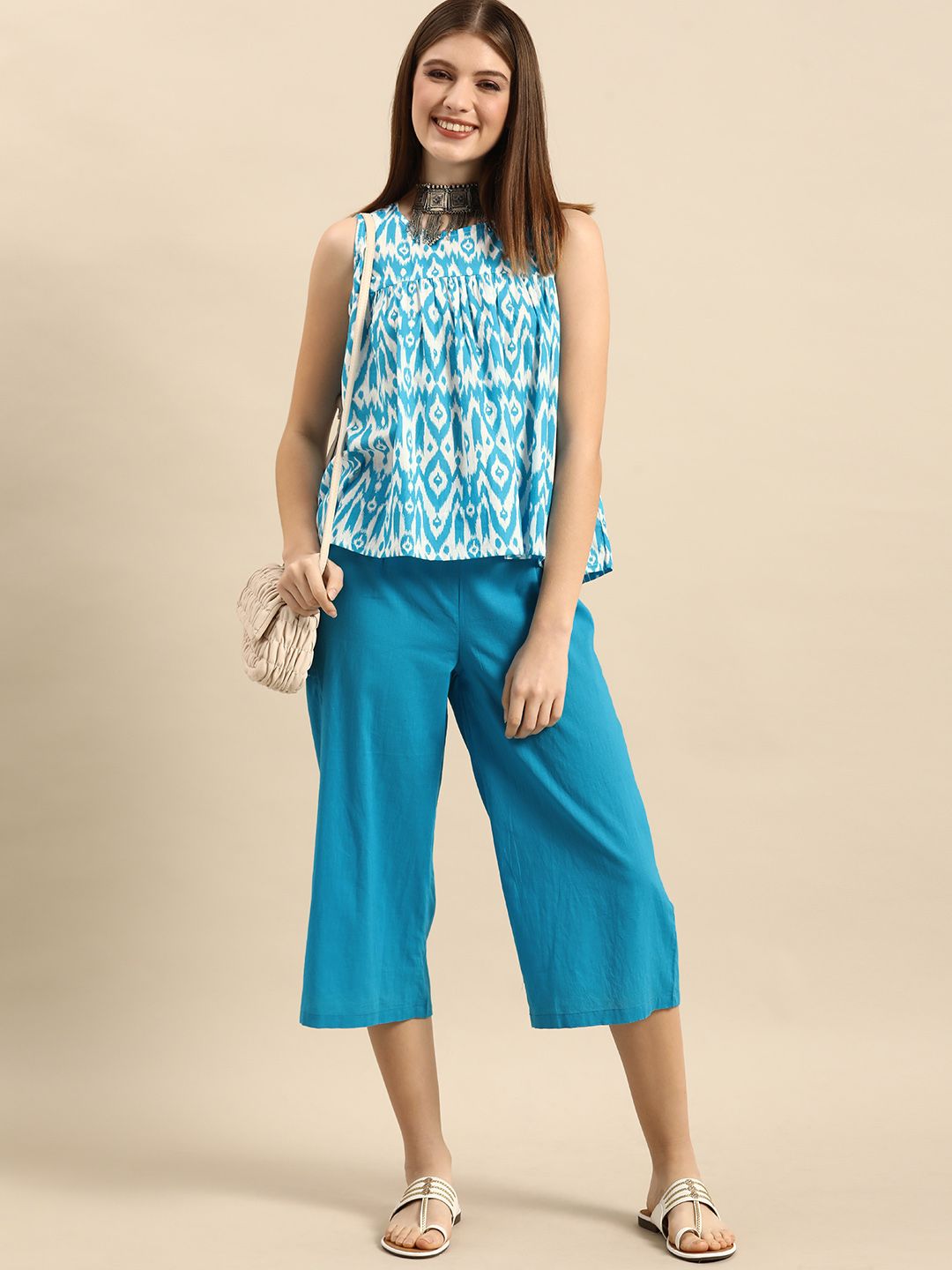 Anouk Women Blue & White Printed Pleated Pure Cotton Kurti with Trousers
