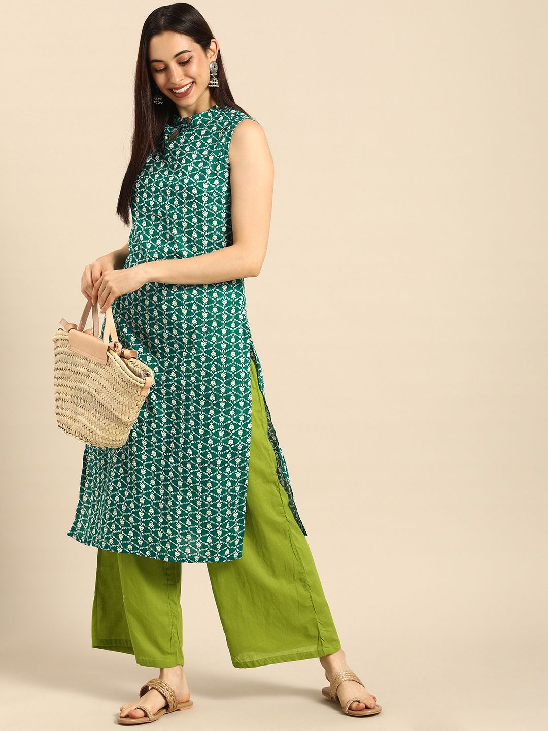 Anouk Women Teal Green & White Printed Pure Cotton Kurta with Palazzos Price in India