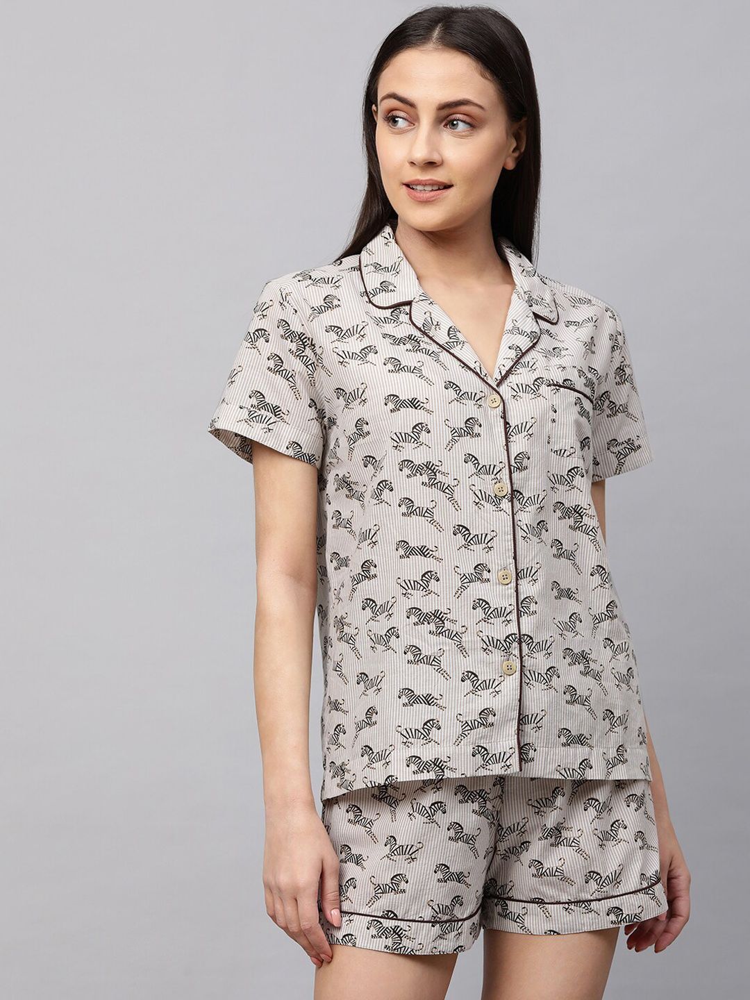 Chemistry Women Beige & Black Printed Night suit Price in India