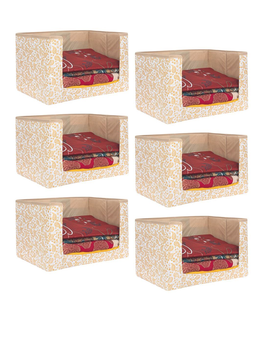 prettykrafts Set Of 6 White & Beige Printed Cloth Saree Stacker Organisers Price in India
