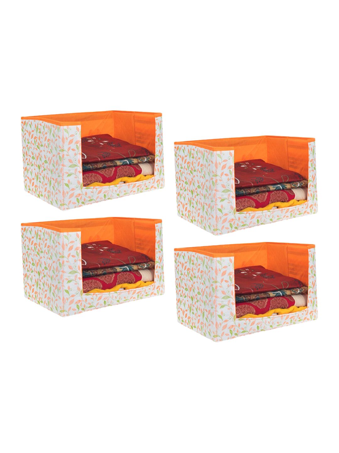 prettykrafts Set Of 4 White & Orange Leaves Printed Foldable Rectangle Cloth Saree Stacker Organisers Price in India