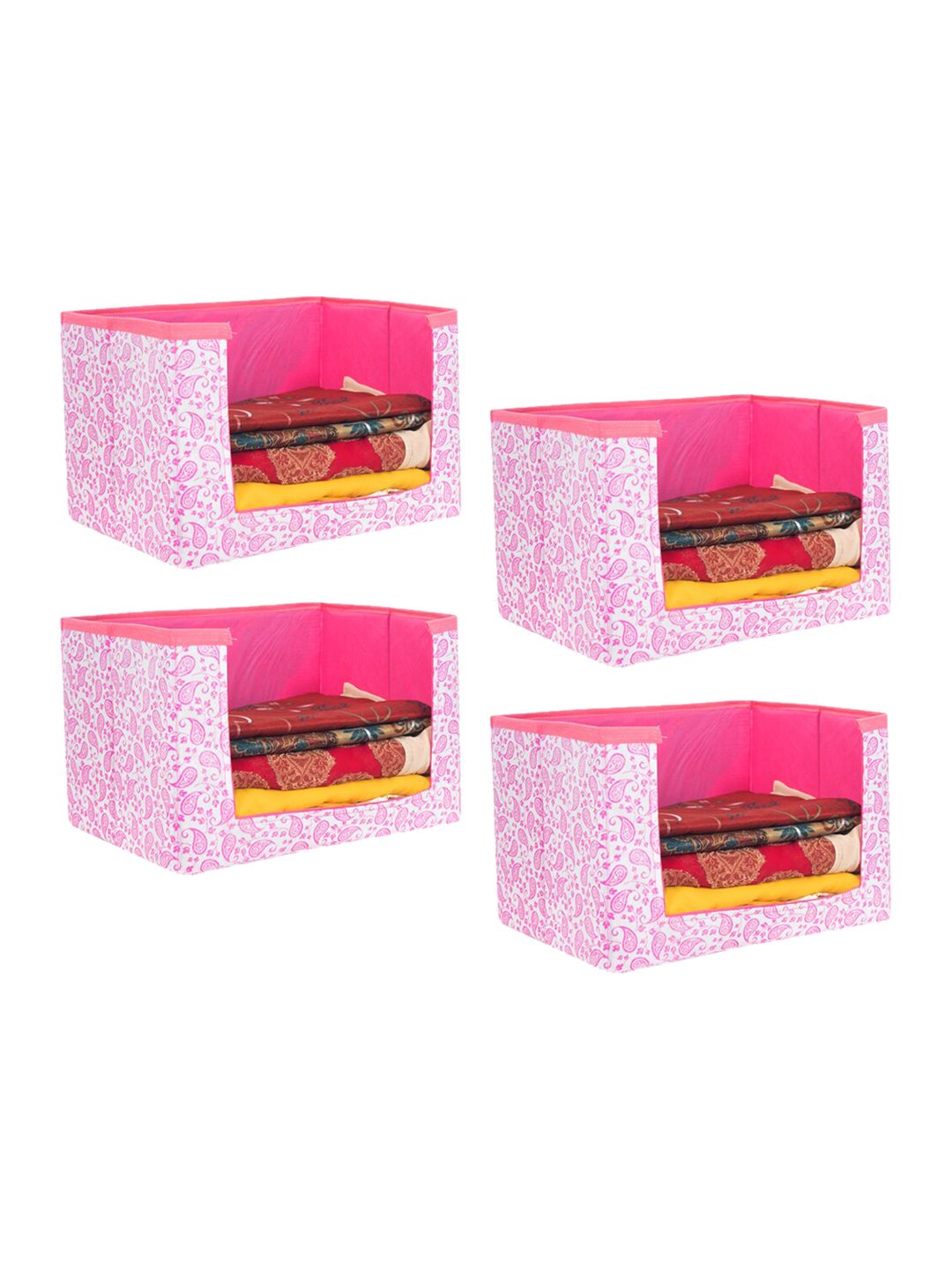 prettykrafts Set Of 4 White & Pink Printed Cloth Saree Stacker Organisers Price in India