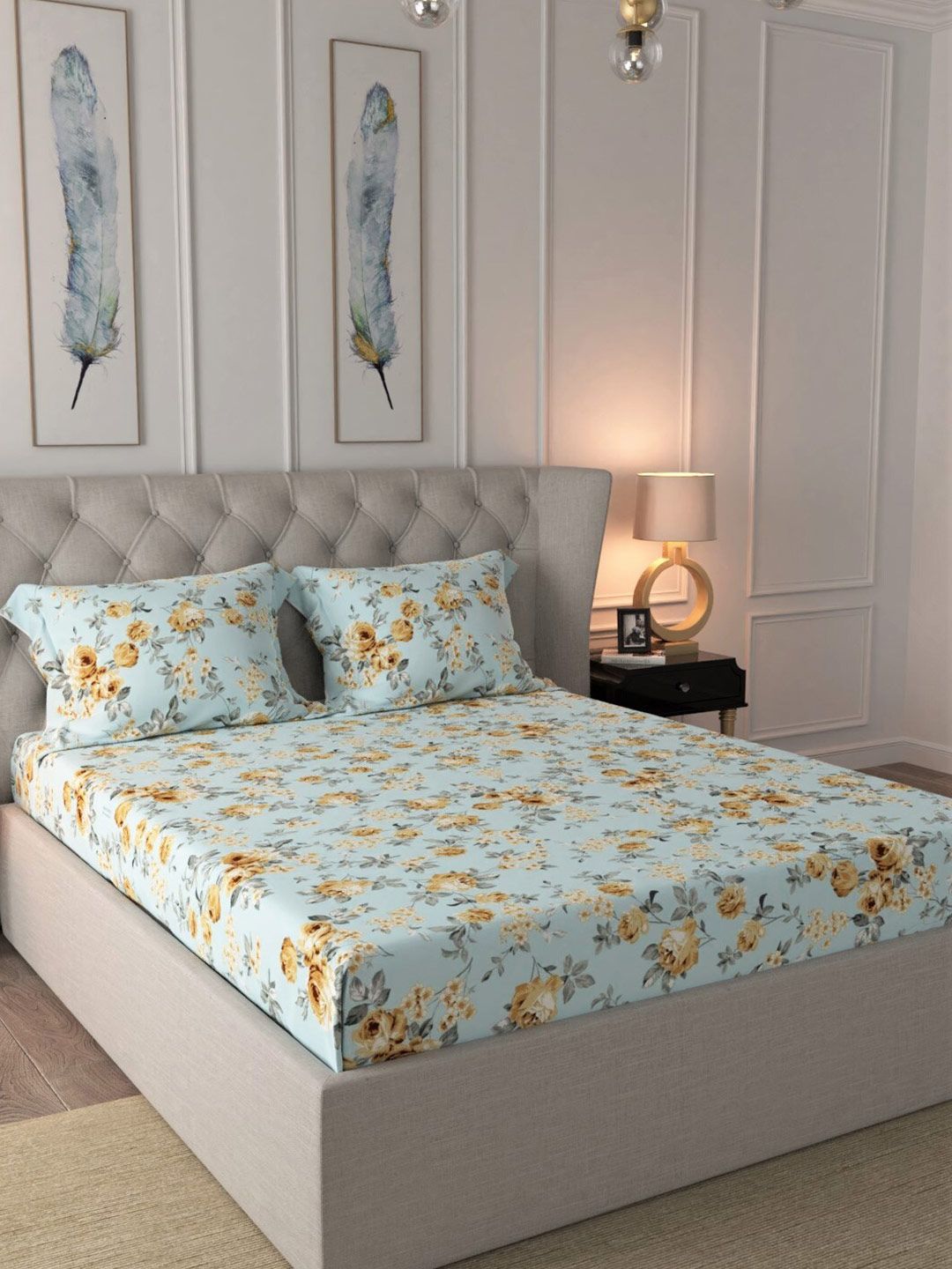 URBAN SPACE Blue & Mustard Floral 200 TC King Bedsheet with 2 Pillow Covers Price in India