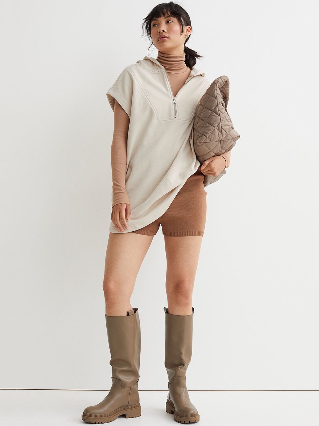 H&M Women Beige Solid Sleeveless Hoodie Price in India