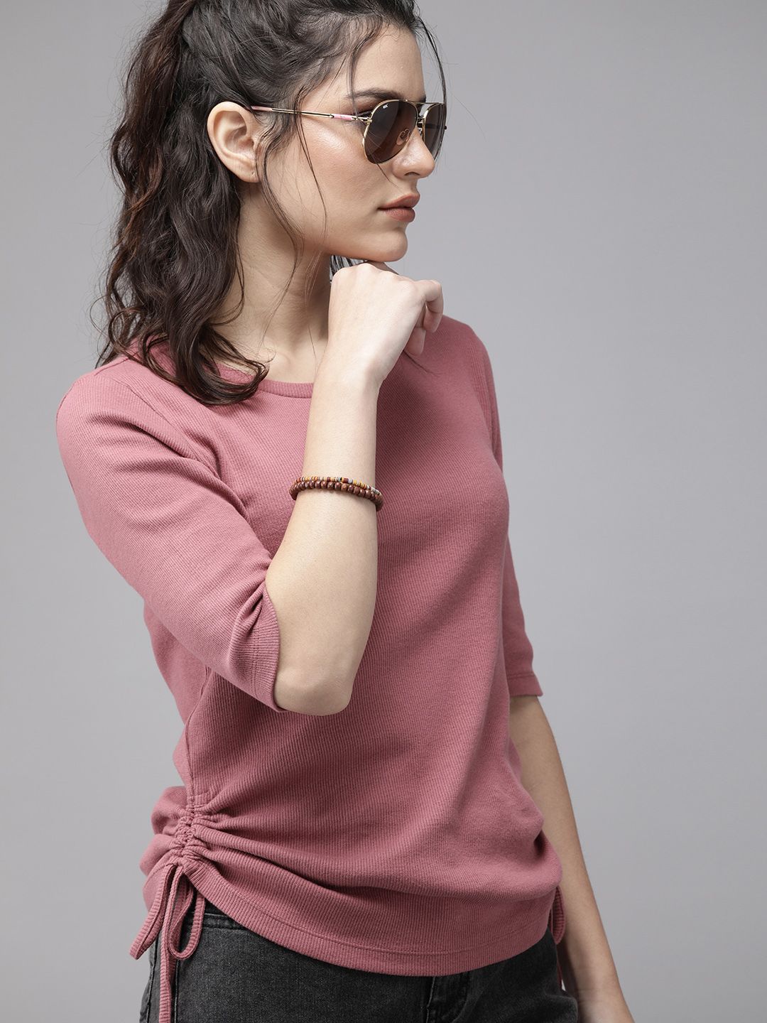Roadster Pink Tie-Up Ruched Ribbed Top