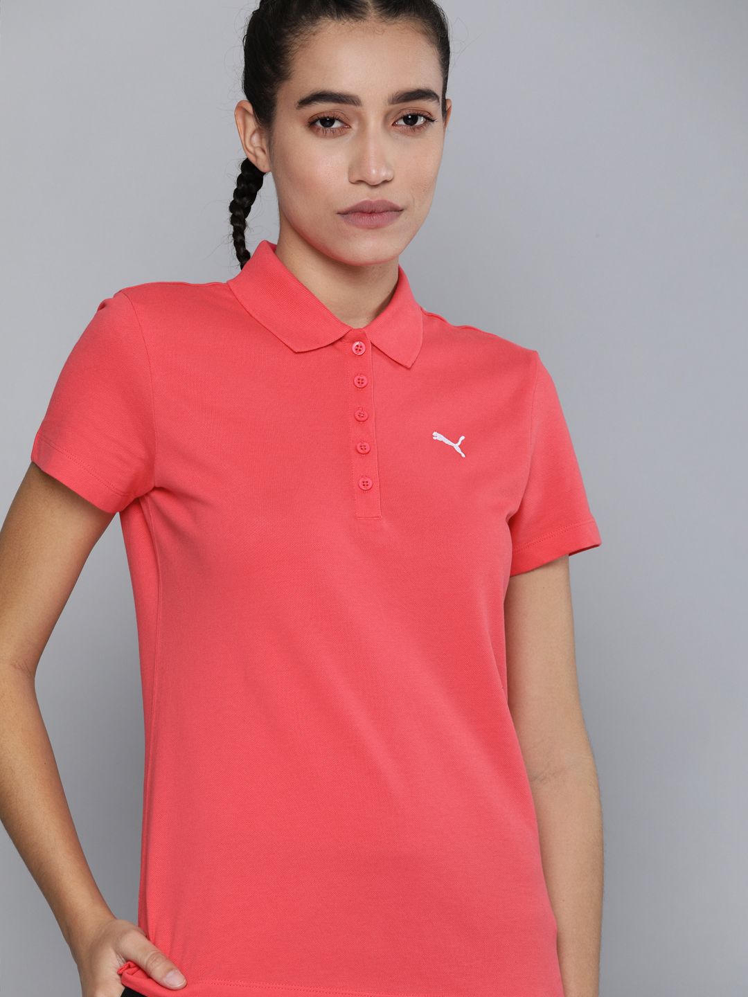 Puma Women Pink Brand Logo Printed Polo Collar T-shirt Price in India