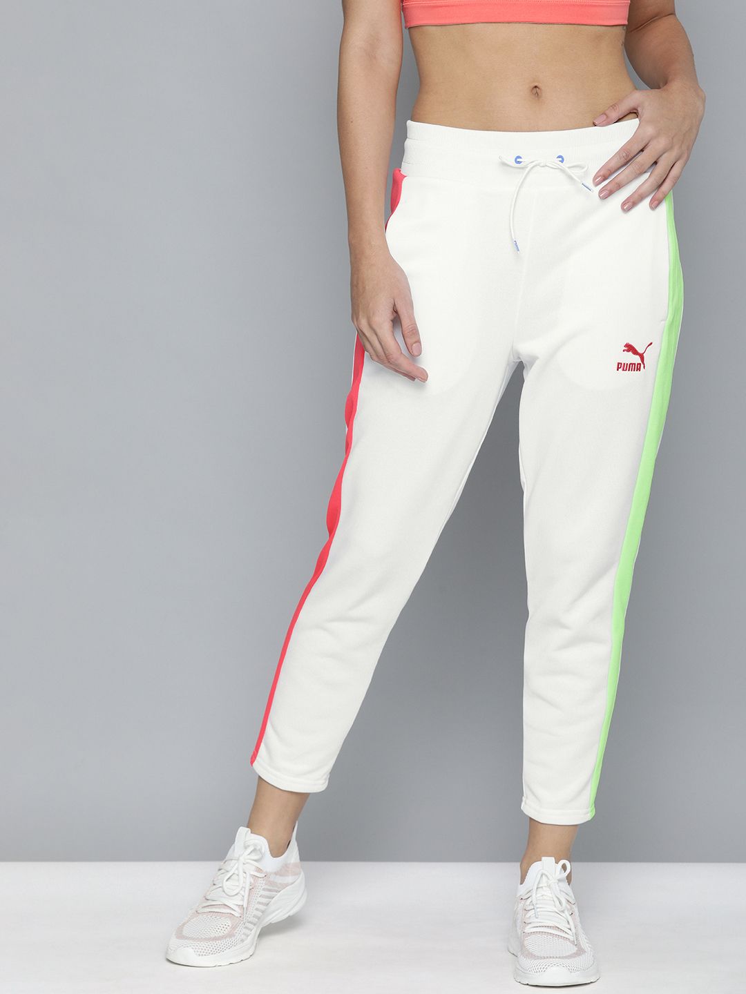 Puma Women White Solid Cigarette Track Pant With Side Stripes Price in India