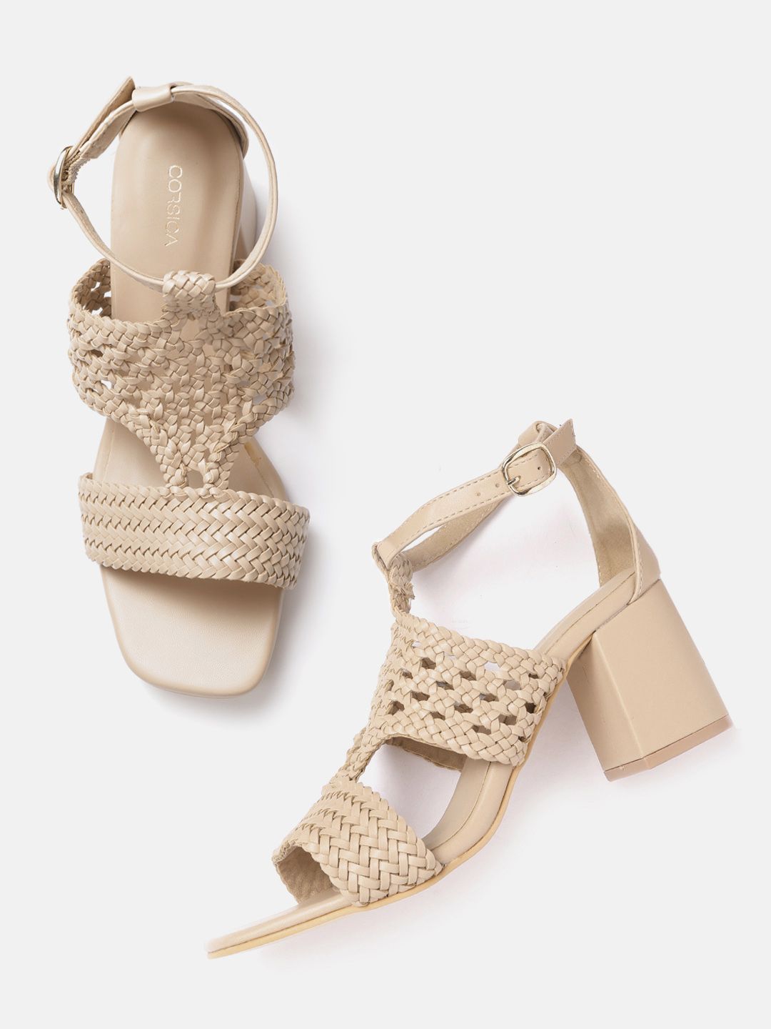 CORSICA Women Cream-Coloured Woven Design Block Heels Price in India