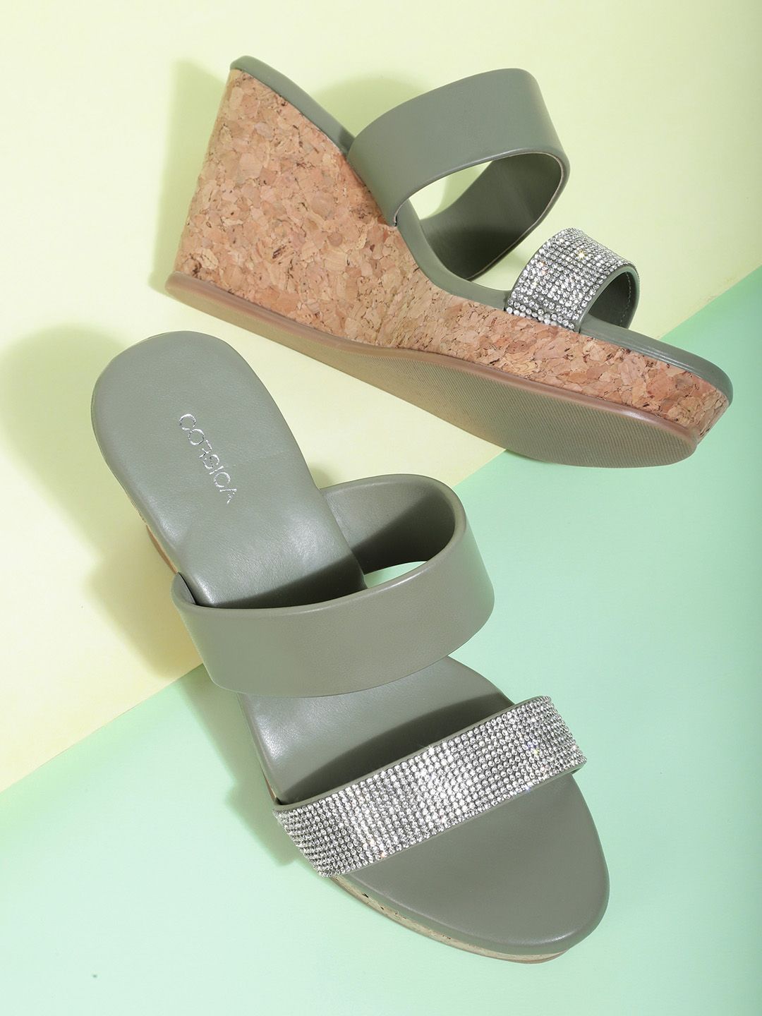 CORSICA Sage Green Stone Embellished Wedge Heels