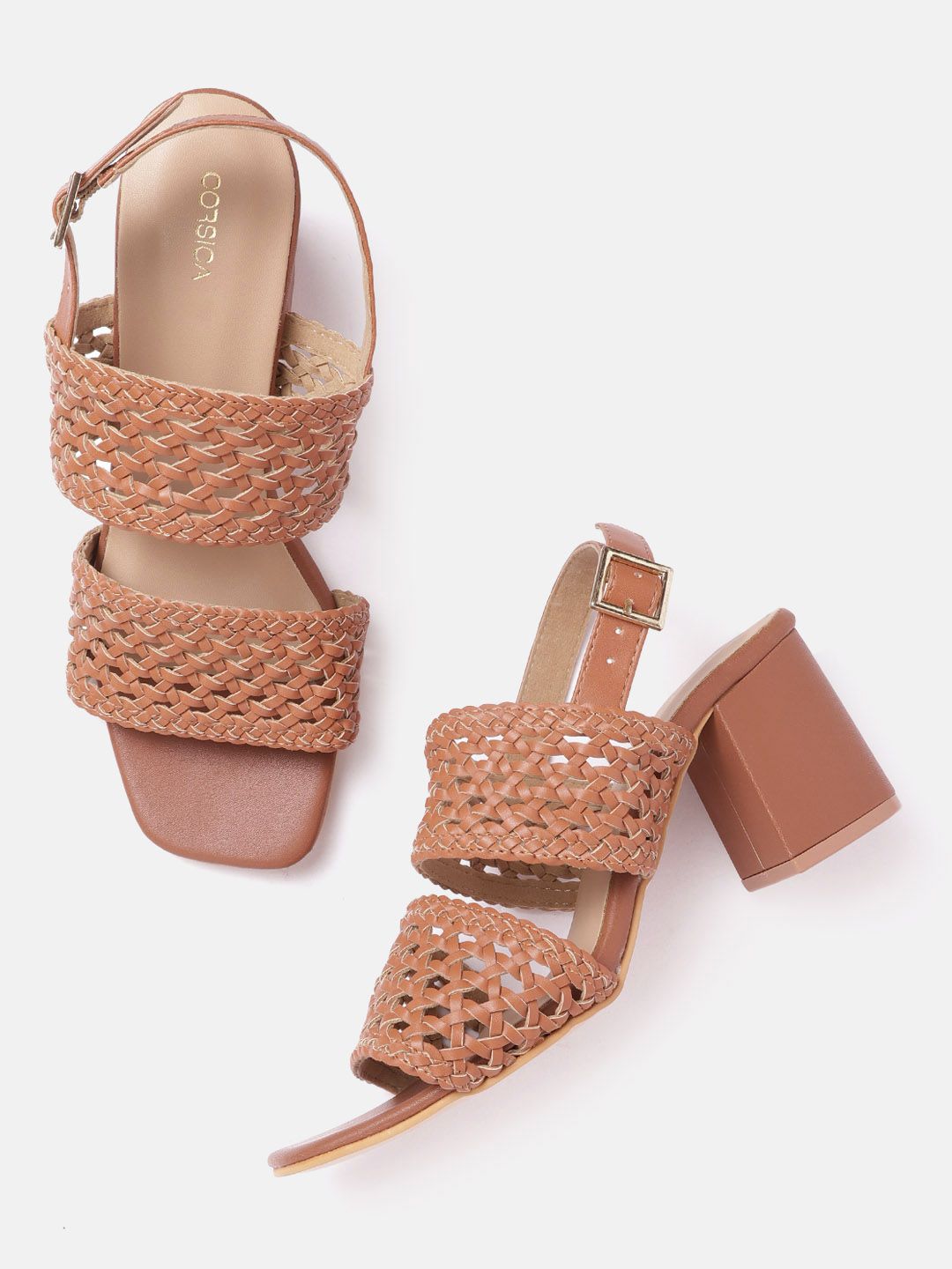 CORSICA Women Tan Brown Woven Design Block Heels Price in India