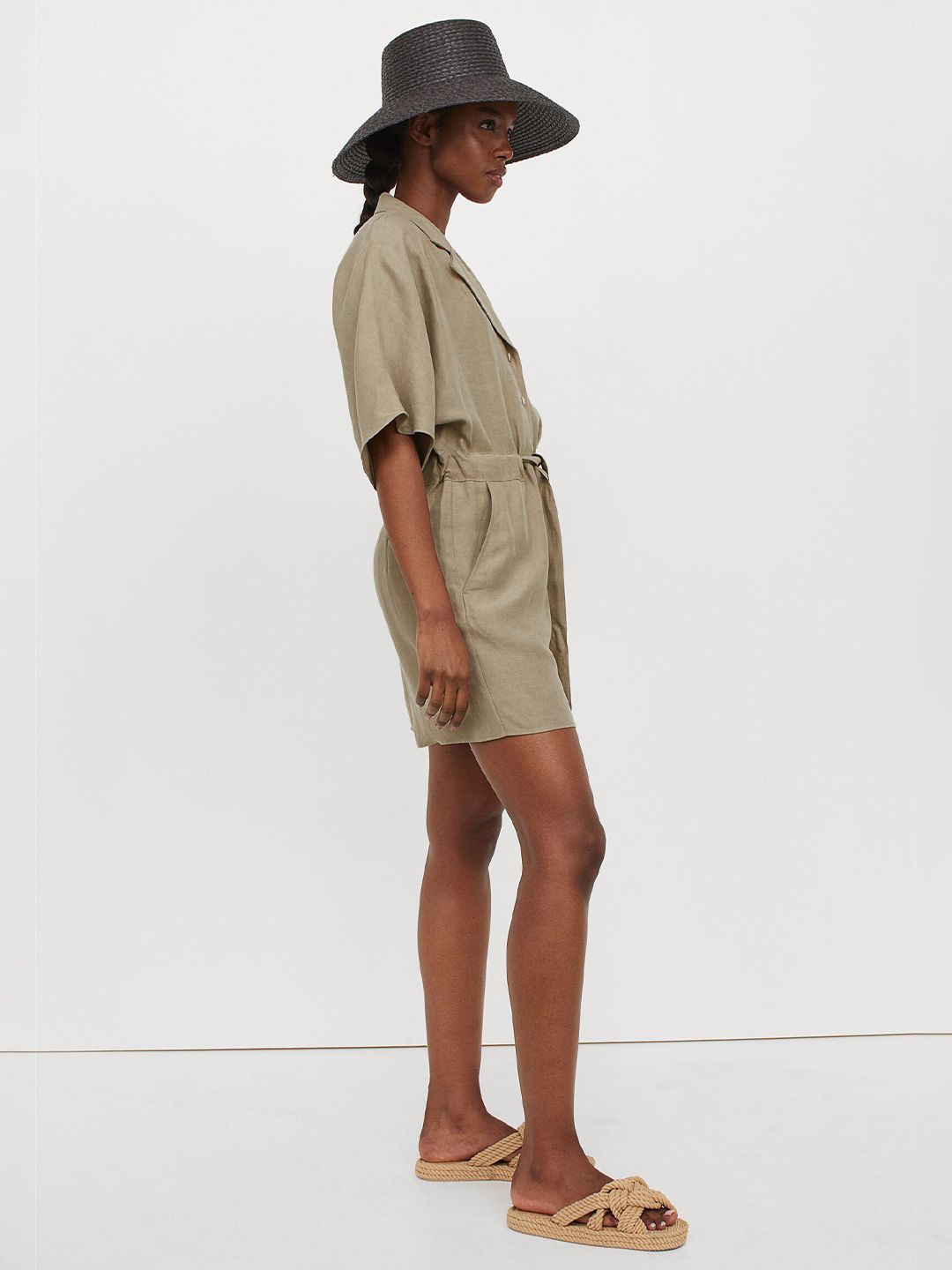 H&M Women Green Solid Linen-Blend Playsuit Price in India