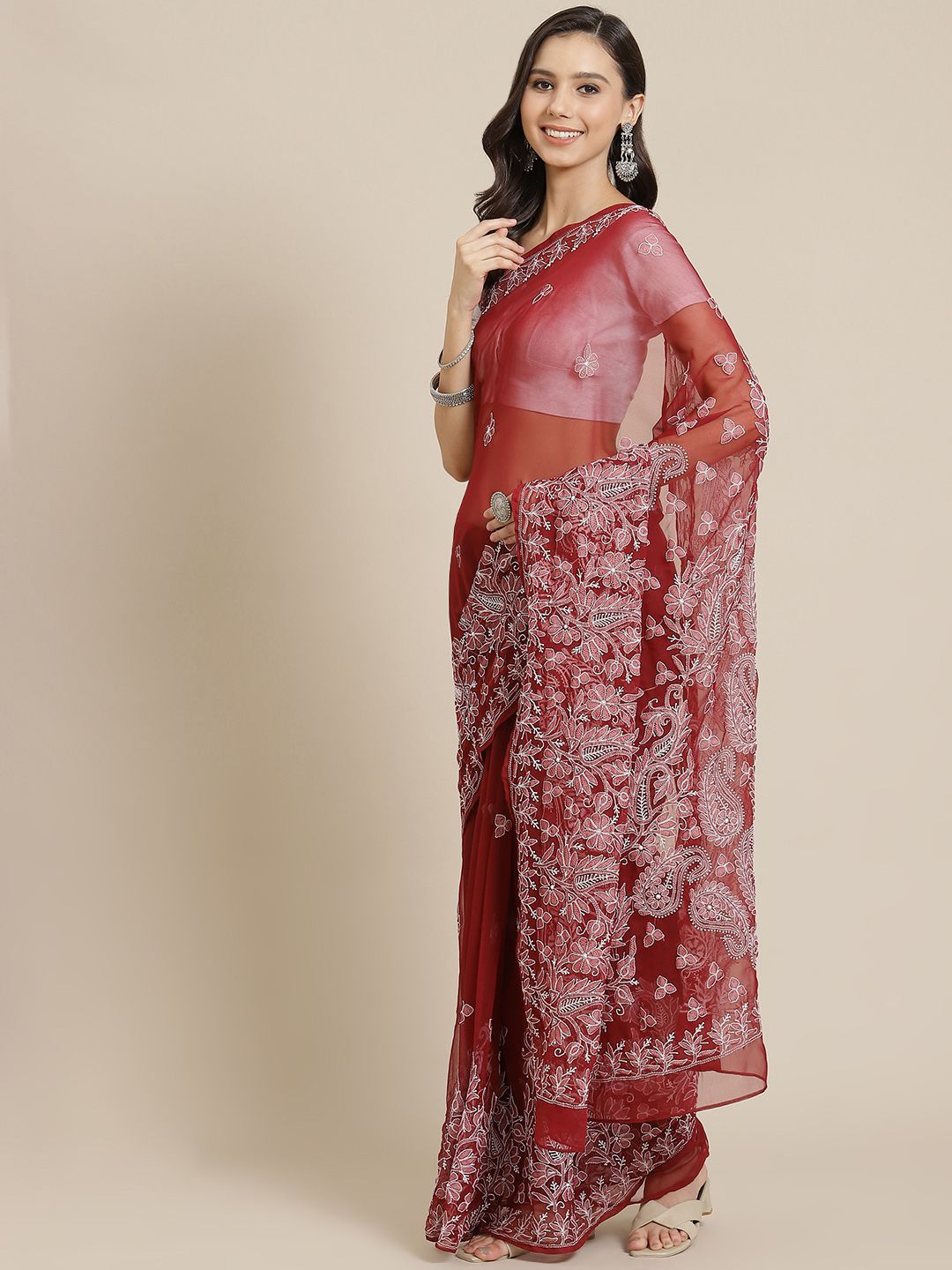 ADA Maroon & Off White Sustainable Chikankari Embroidered Handloom Saree Price in India