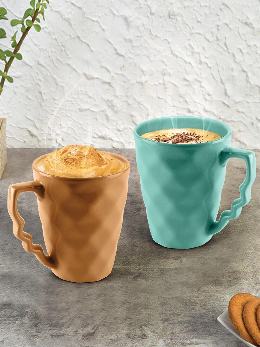URBAN CHEF Mustard & Sea Green Handcrafted 2-Pieces Textured Ceramic Glossy Mugs Set Price in India