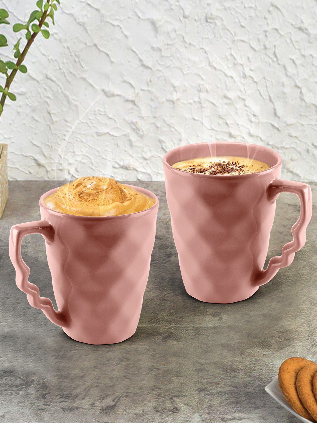 URBAN CHEF Set Of 2 Peach-Coloured Handcrafted Textured Ceramic Glossy Mugs Price in India