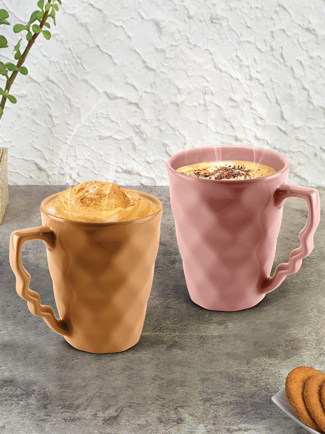 URBAN CHEF 2 Pieces Mustard Yellow & Pink Handcrafted Textured Ceramic Matte Mug Price in India