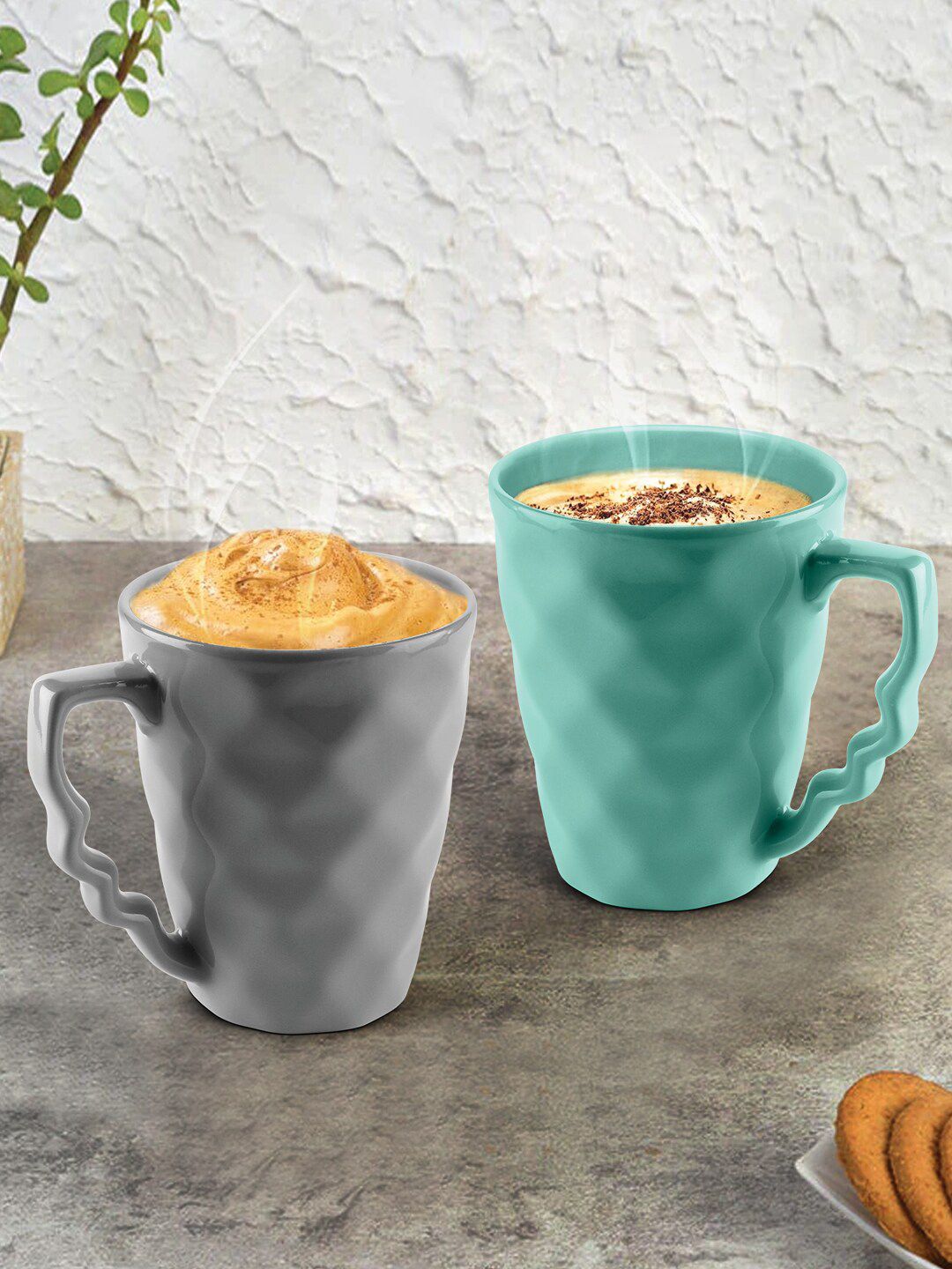 URBAN CHEF Grey & Sea Green Handcrafted 2-Pieces Textured Ceramic Glossy Mugs Set Price in India