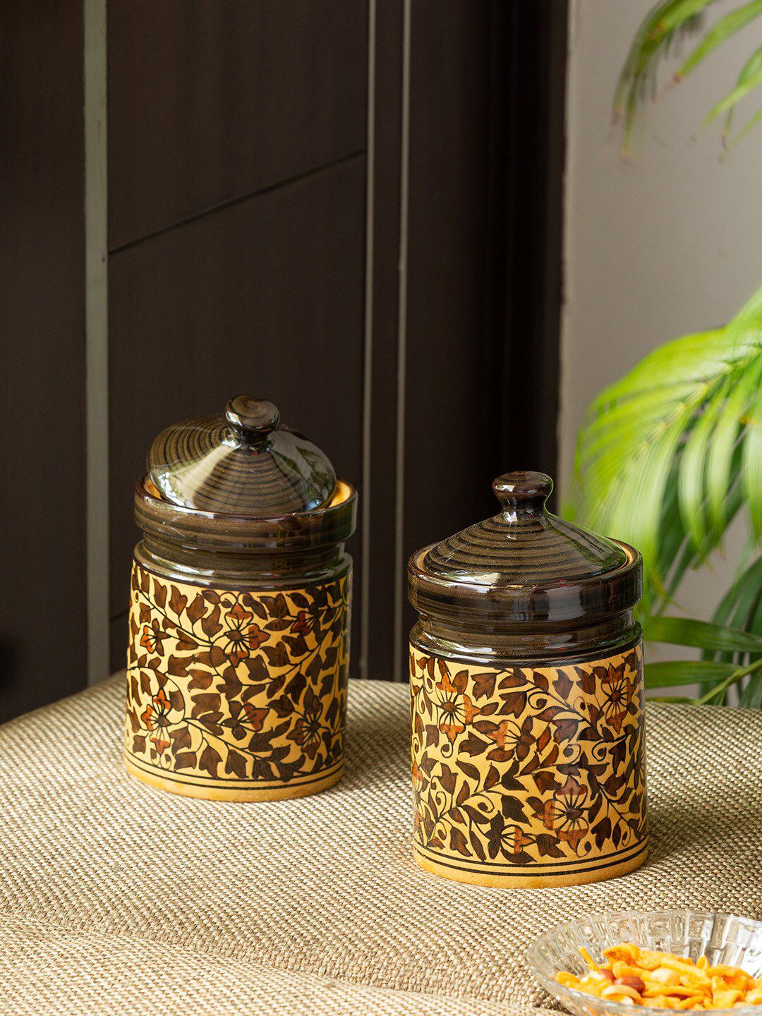 ExclusiveLane Set Of 2 Brown & Beige Hand-Painted Ceramic Multi-Purpose Canister Price in India