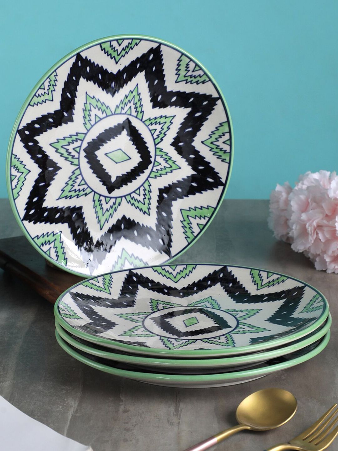 VarEesha Green & Black 4 Pieces Handcrafted & Hand Painted Ceramic Glossy Dinner Plates Price in India