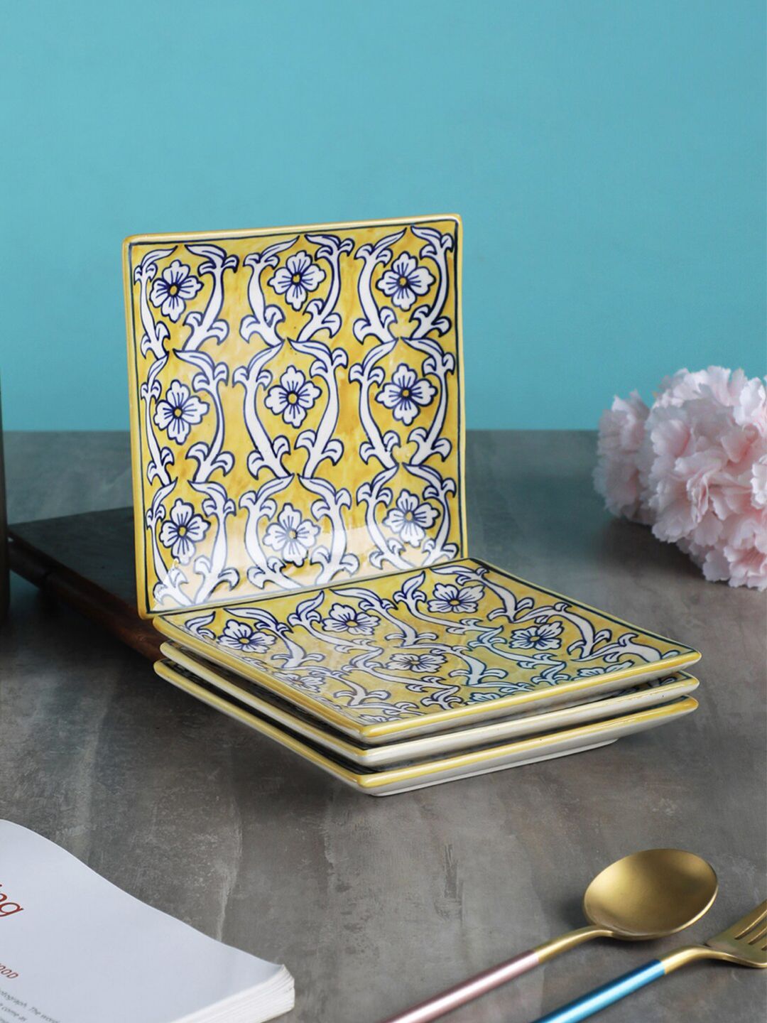 VarEesha Yellow & White 4 Pieces Handcrafted and Hand Painted Printed Ceramic Glossy Plates Price in India