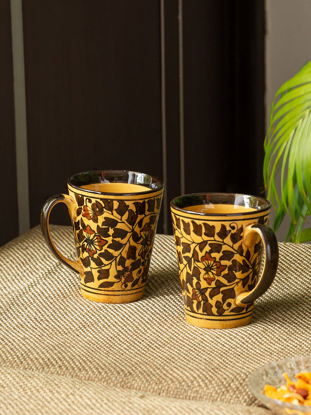 ExclusiveLane Brown & Yellow Set Of 2 Handcrafted Hand Painted Ceramic Glossy Coffee Mugs Price in India