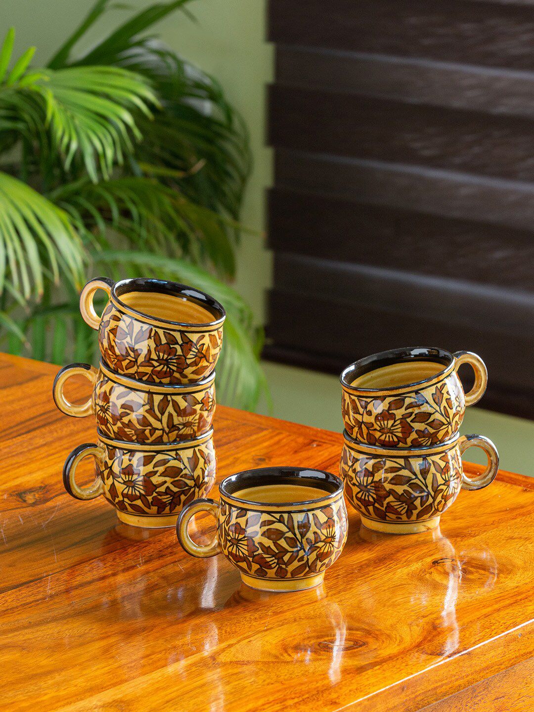 ExclusiveLane Brown 6 Pieces Handcrafted Hand Painted Printed Ceramic Tea & Coffee Cups Price in India