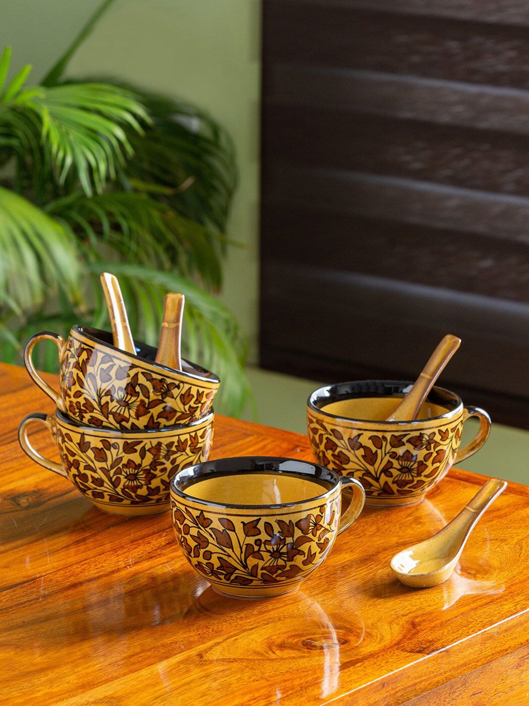 ExclusiveLane Set of 4 Brown Handpainted Ceramic Soup Bowls with Spoons Price in India