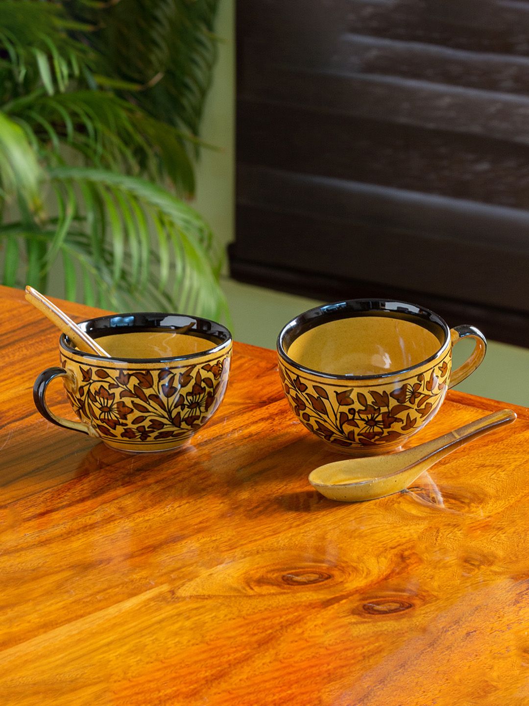 ExclusiveLane Set Of 2 Brown & Yellow Handcrafted Ceramic Soup Bowls with Spoons Price in India