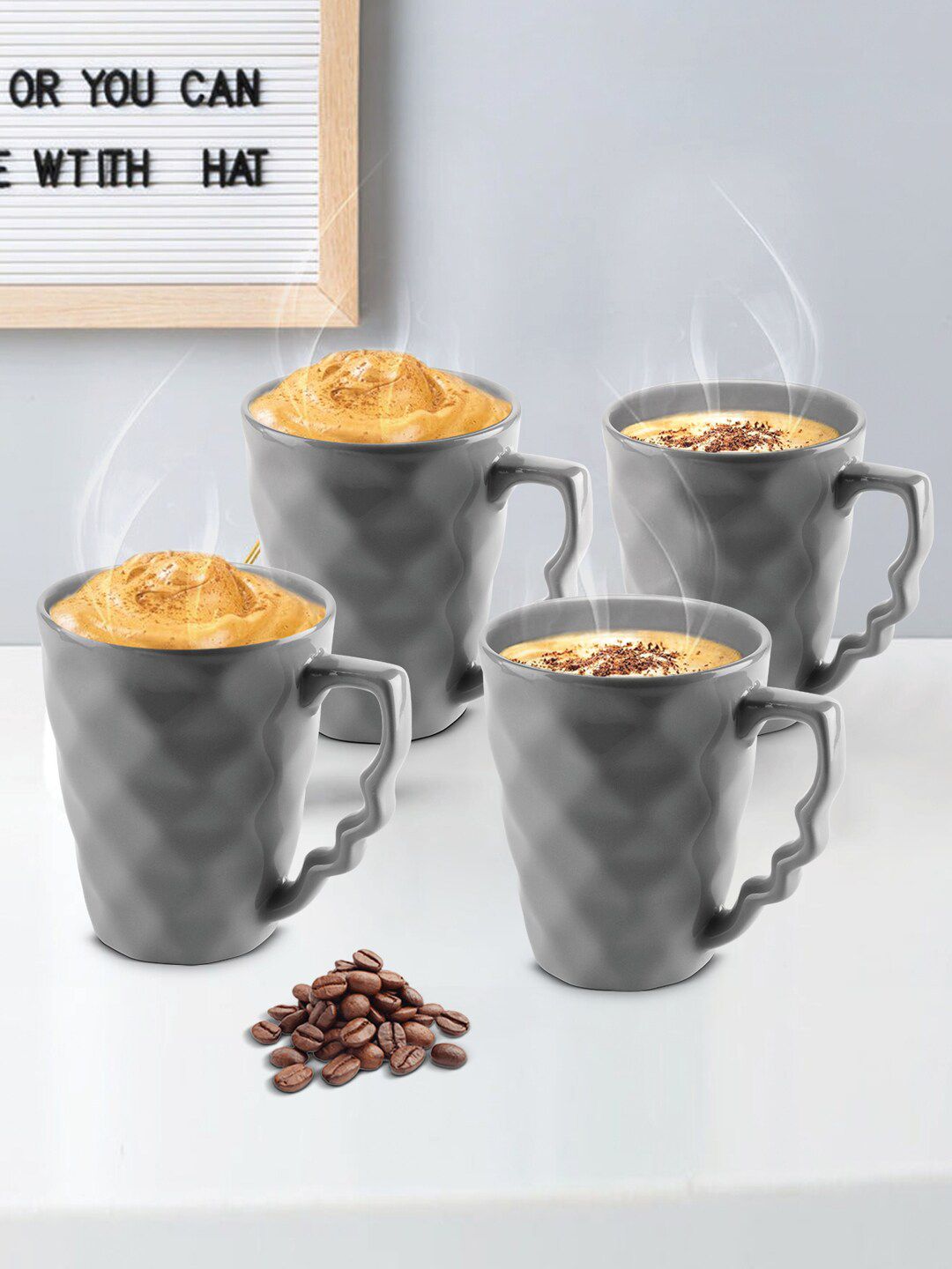 URBAN CHEF Grey Handcrafted Solid 4-Pieces Ceramic Glossy Mugs Set Price in India