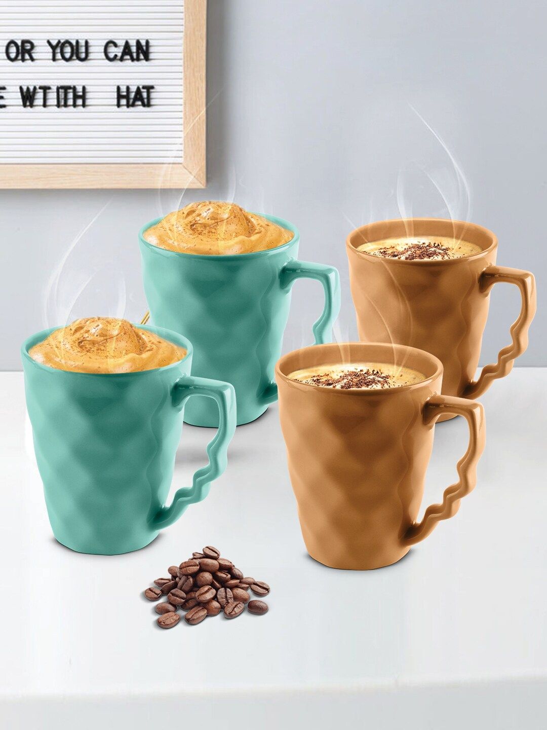 URBAN CHEF Mustard Yellow & Sea Green 4 Pieces Handcrafted Textured Ceramic Glossy Mugs Price in India