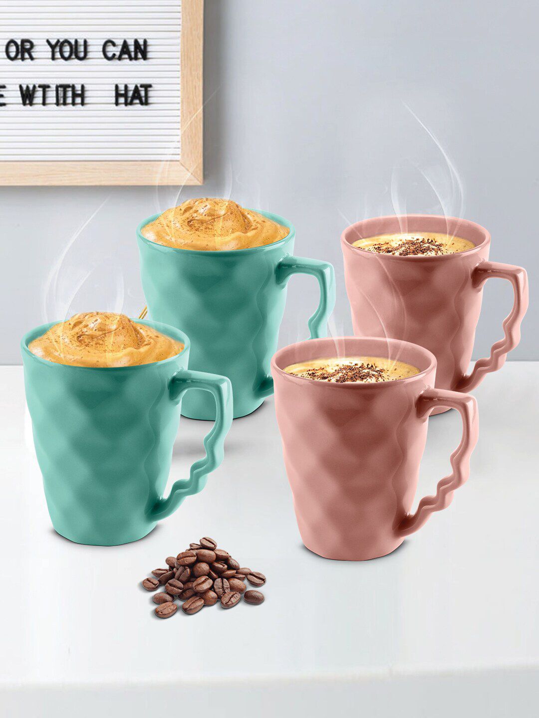 URBAN CHEF Set Of 4 Peach-Coloured & Sea Green Handcrafted Textured Ceramic Glossy Mugs Price in India