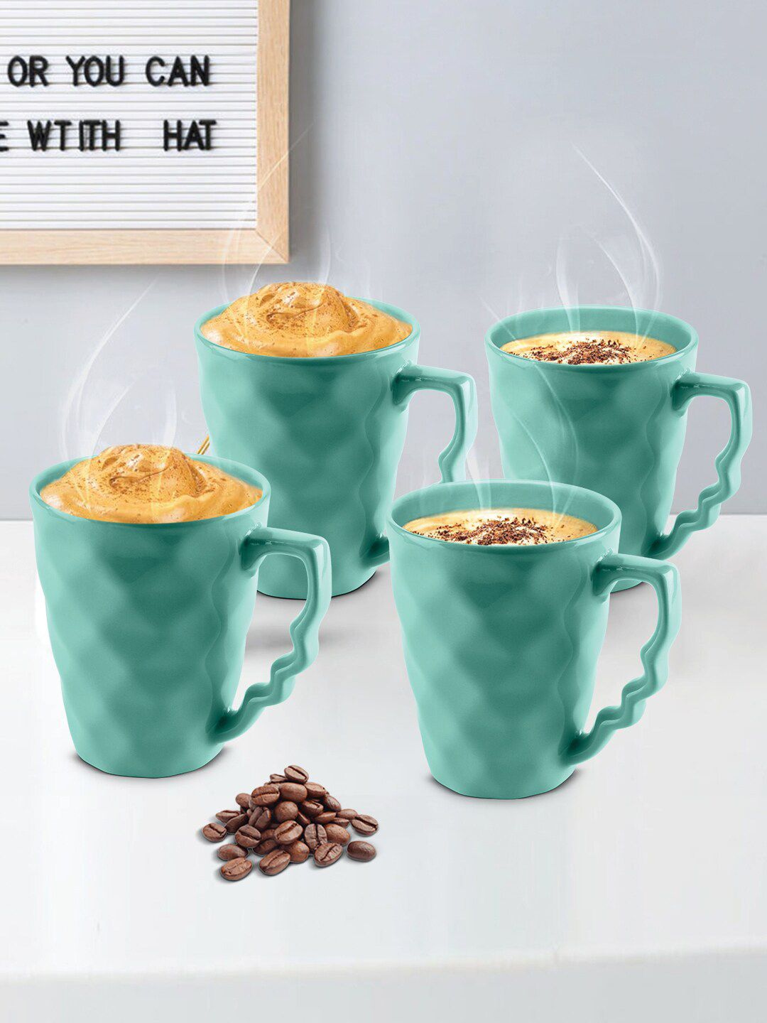 URBAN CHEF Sea Green Textured 4-Pieces Ceramic Glossy Mugs Set Price in India