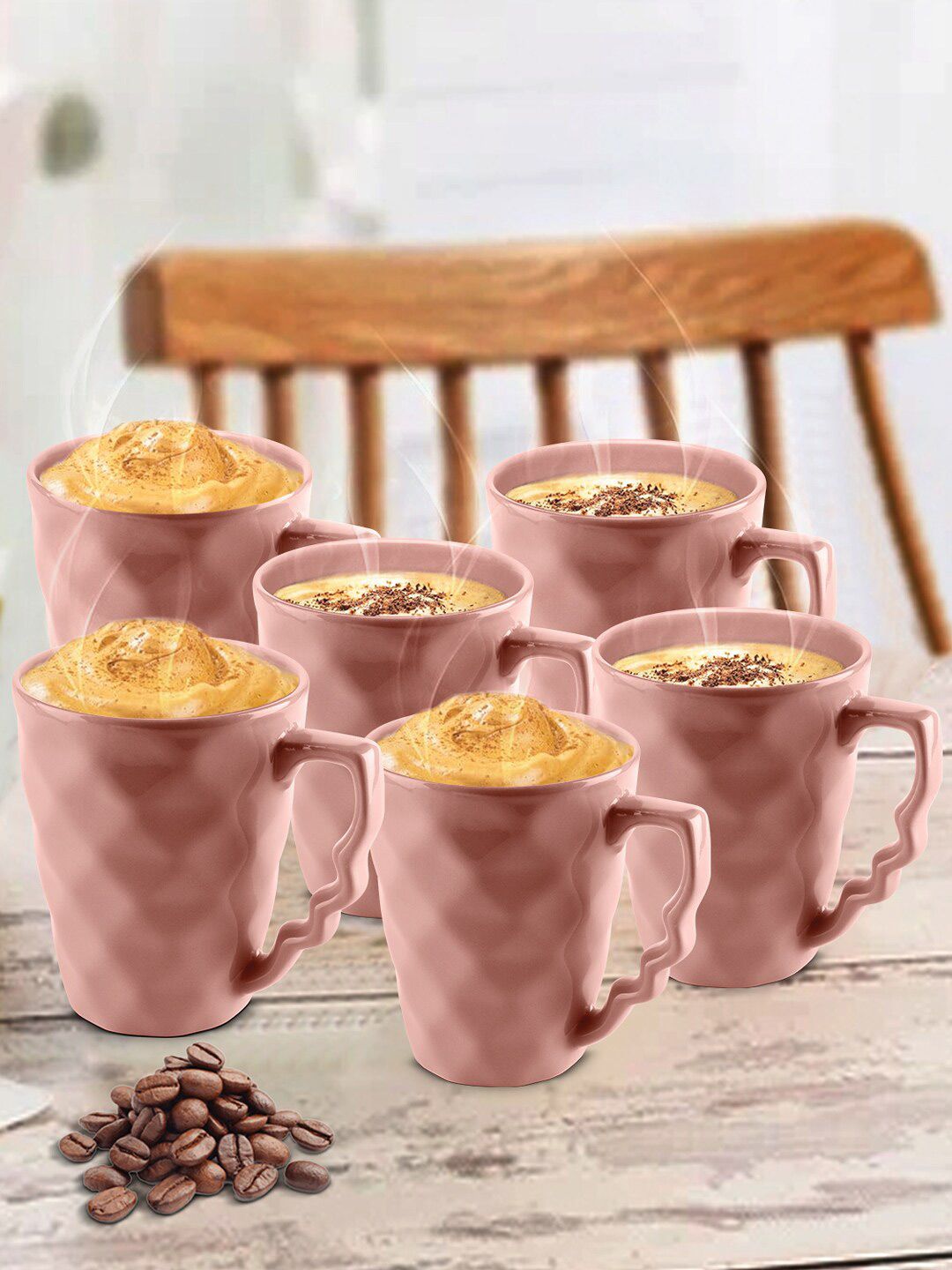 URBAN CHEF Peach-Coloured Textured 6-Pieces Ceramic Glossy Mugs Set Price in India