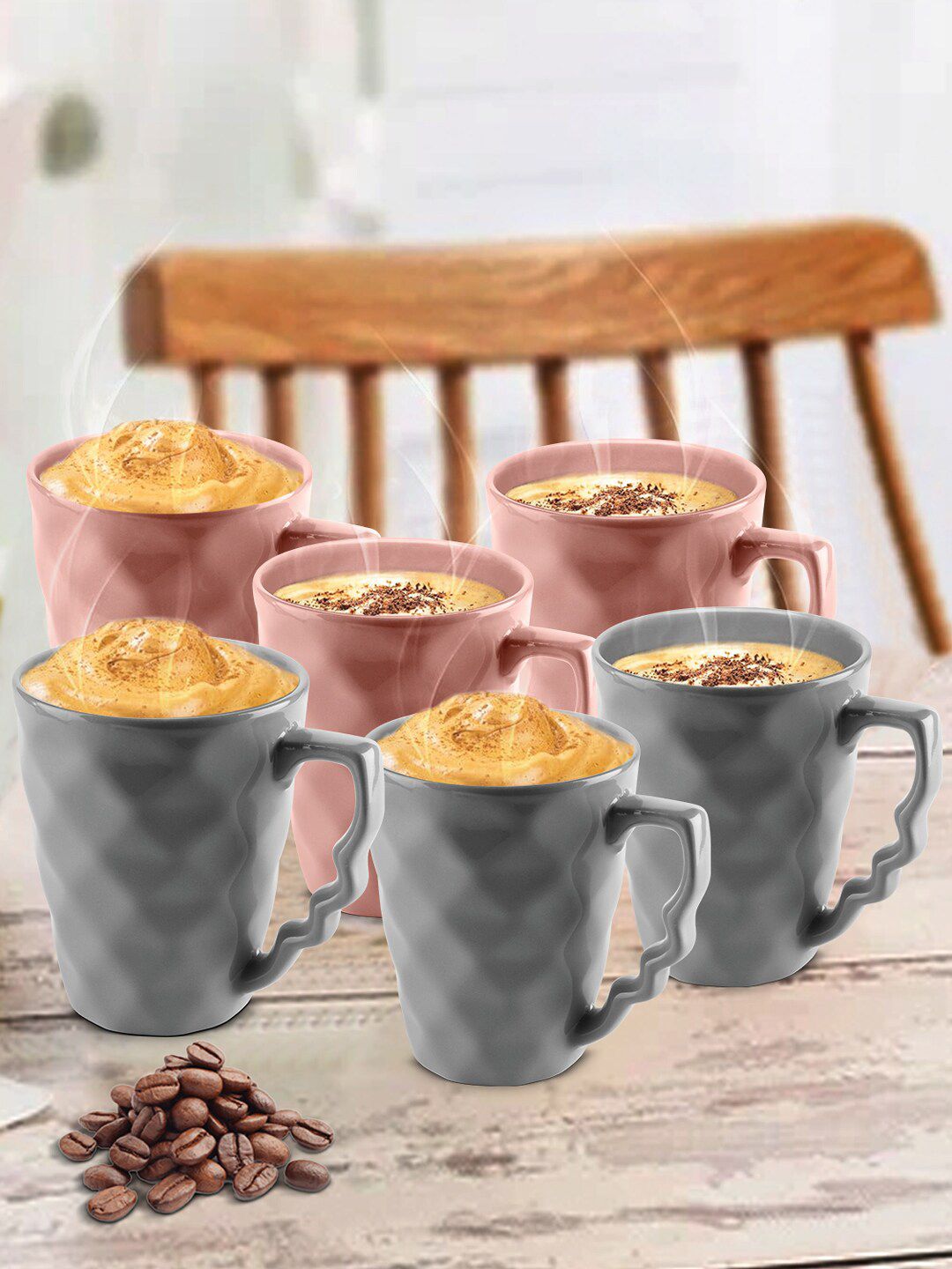 URBAN CHEF Peach-Coloured & Grey Textured 6-Pieces Ceramic Glossy Mugs Set Price in India