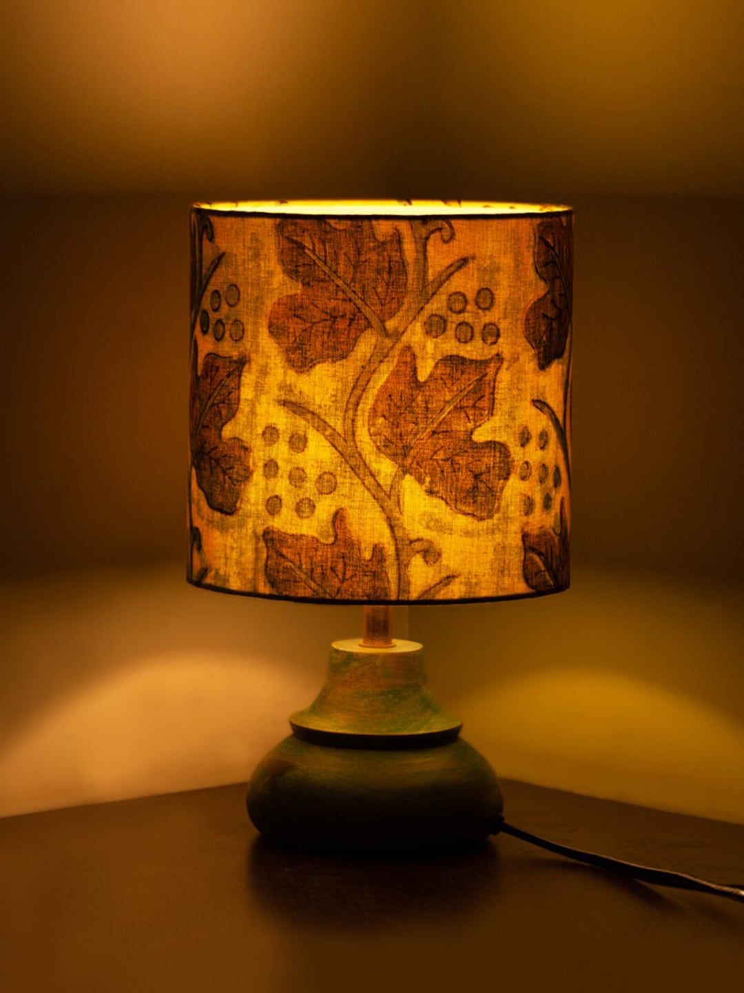 ExclusiveLane Green & Grey Printed Contemporary Handcrafted Wooden Table Lamp with Shade Price in India