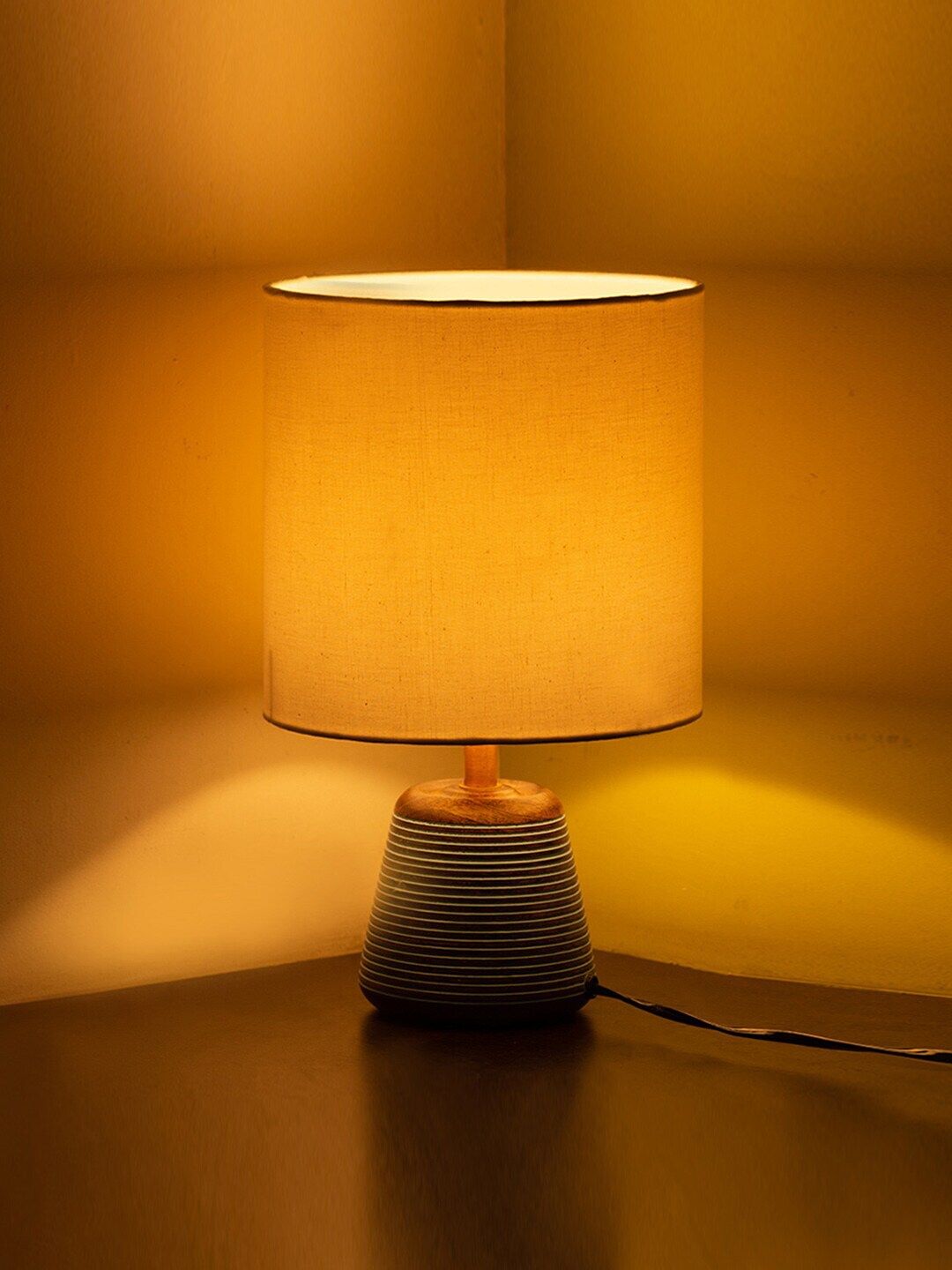 ExclusiveLane White & Brown Contemporary Bedside Standard Wooden Table Lamp with Shade Price in India