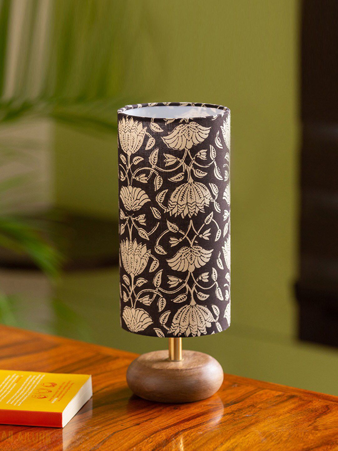 ExclusiveLane Black & Beige Printed USP Handcrafted Wooden Table Lamp with Shade Price in India